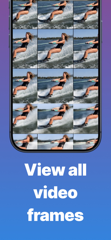 Grab HD Video Frames - VidGrab - A mobile interface displaying a grid of individual frames from a water skiing video clip to select high quality stills