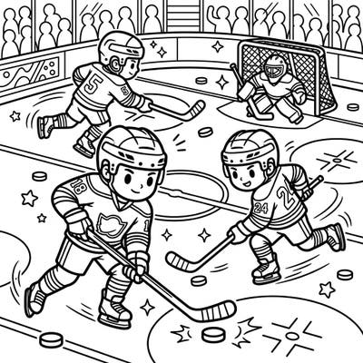 Capture the excitement of the game with this action-packed coloring page featuring enthusiastic ice hockey players. Perfect for sports fans of all ages, it invites you to bring the thrill of the rink to life with your favorite colors.