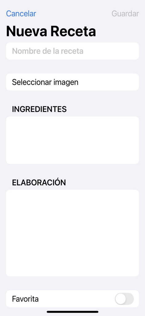 Mi libro de recetas - A mobile interface for adding a new recipe with fields for name ingredients and instructions