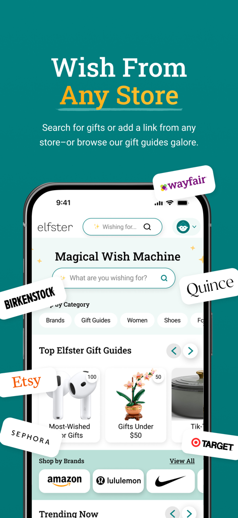 Interfaccia dell'app Elfster che mostra la Macchina dei Desideri Magica e idee regalo da rivenditori popolari come Amazon e Target