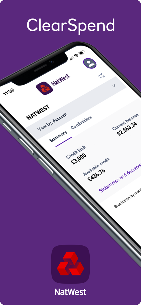 NatWest ClearSpend app interface showing business credit card account summary and limits