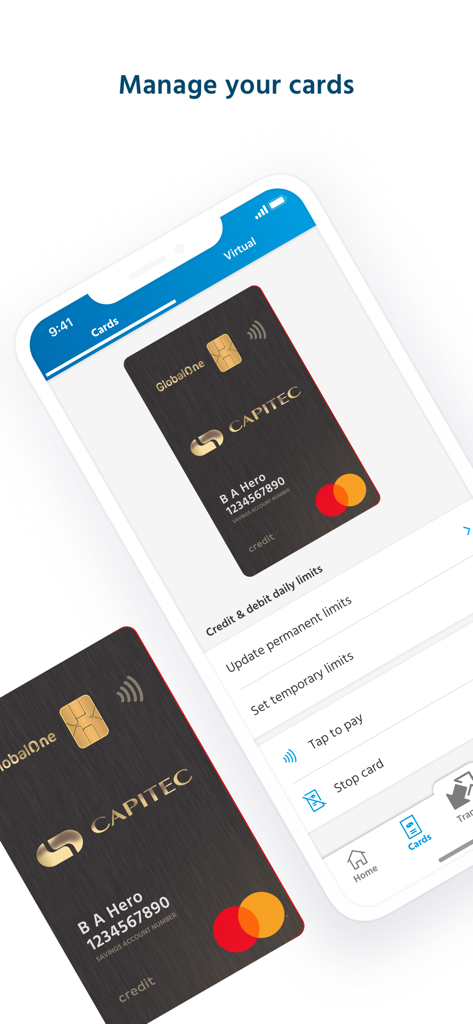 Capitec Bank app interface for managing credit and debit cards and setting transaction limits
