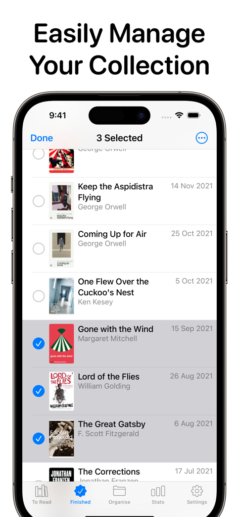 Interface of the Reading List app showing a list of finished books and multiple selection for collection management