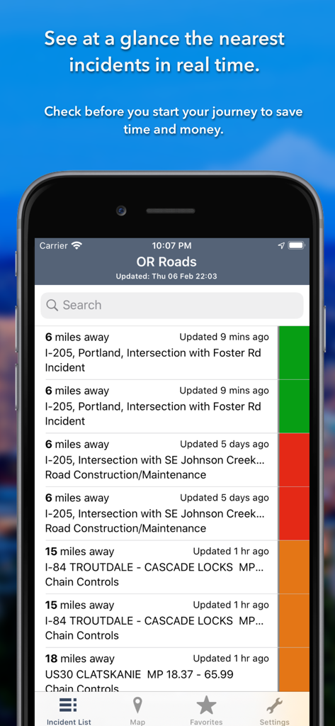 Mobile app screen showing a list of real time traffic incidents and road conditions in Oregon with color coded severity levels.