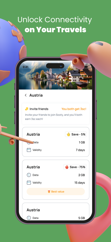 Captura de tela da interface do aplicativo Sooty eSIM mostrando várias opções de planos de dados de viagem para a Áustria, incluindo um plano de 2GB com melhor valor.