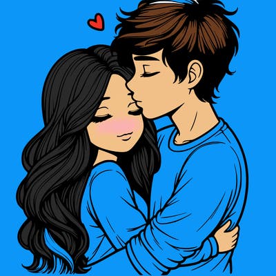 a realistic couple boy and girl hugging and kissing