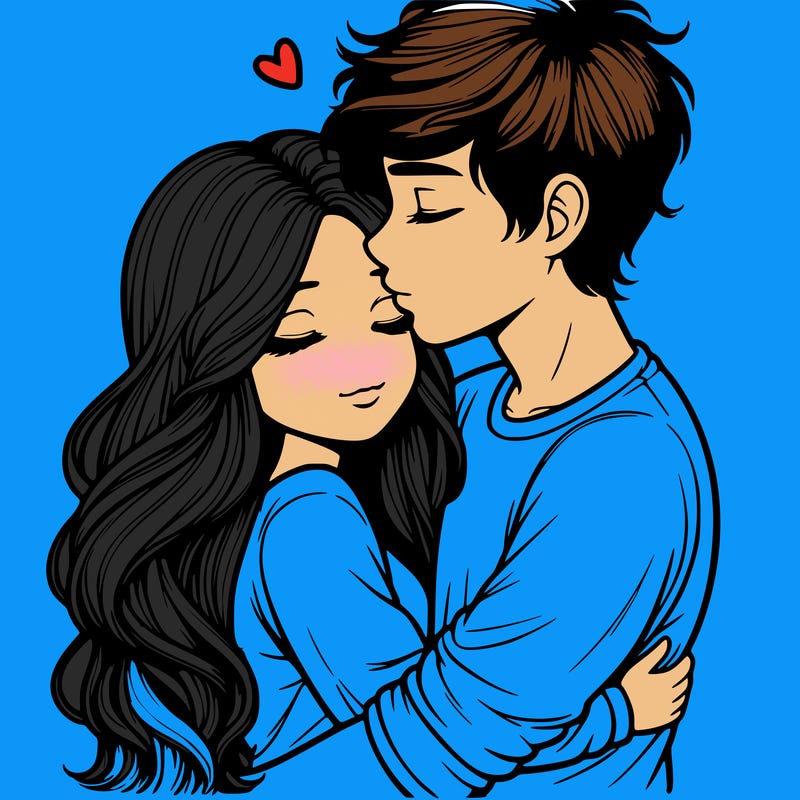 a realistic couple boy and girl hugging and kissing