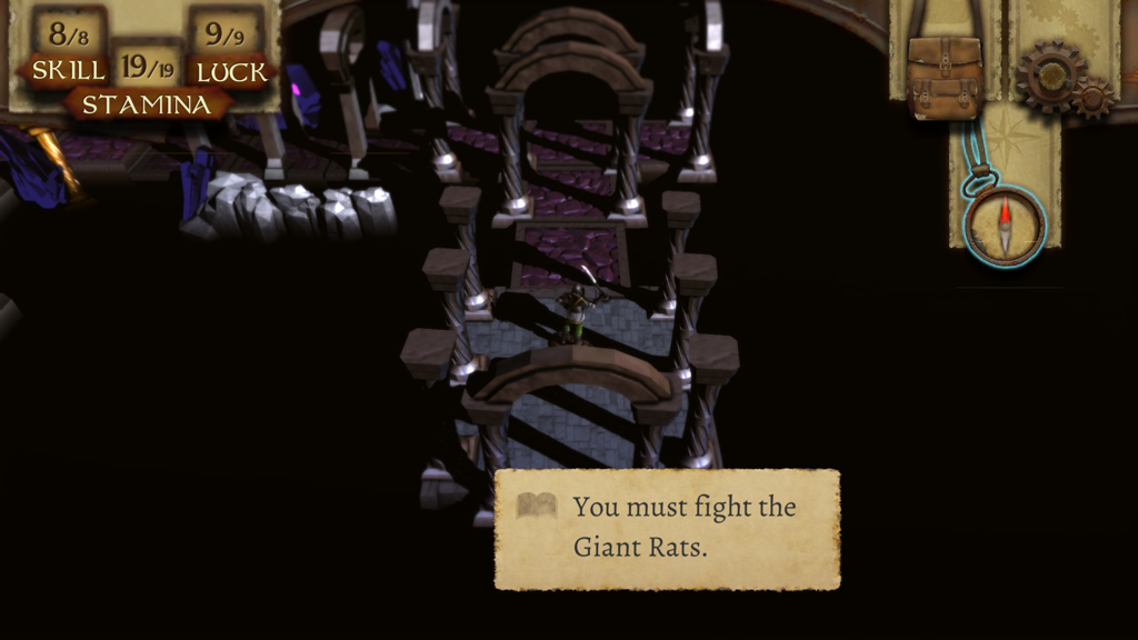 A digital figurine explores a 3D dungeon in The Warlock of Firetop Mountain with a text box prompting a fight against giant rats.