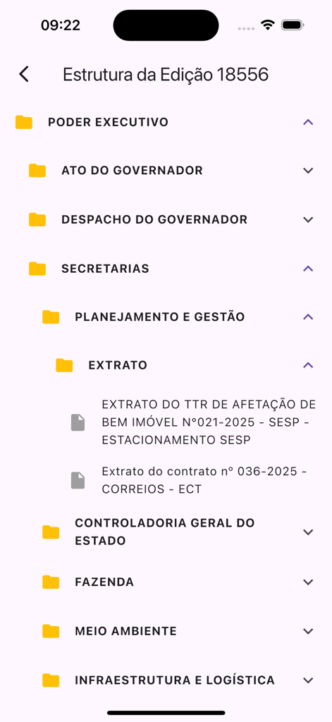 IOMAT - Directory view of a Mato Grosso State Gazette edition showing executive and legislative folders in the IOMAT app.
