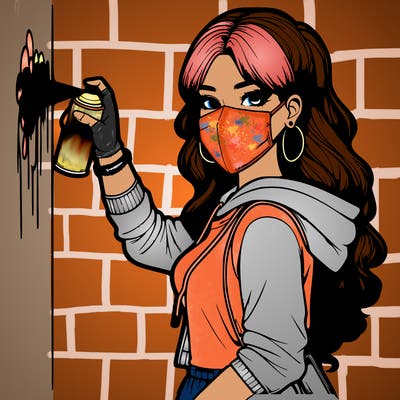 realistic girl with mask spray painting a wall