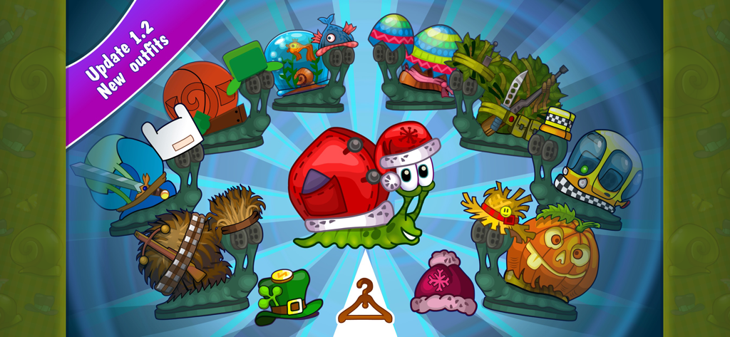 Snail Bob 2: Platform Games 2d - A collection of colorful snail costumes and outfits for the character Snail Bob