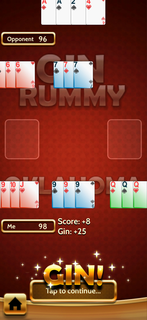 Una captura de pantalla del juego de cartas Gin Rummy Classic mostrando una mano ganadora con un mensaje dorado GIN.