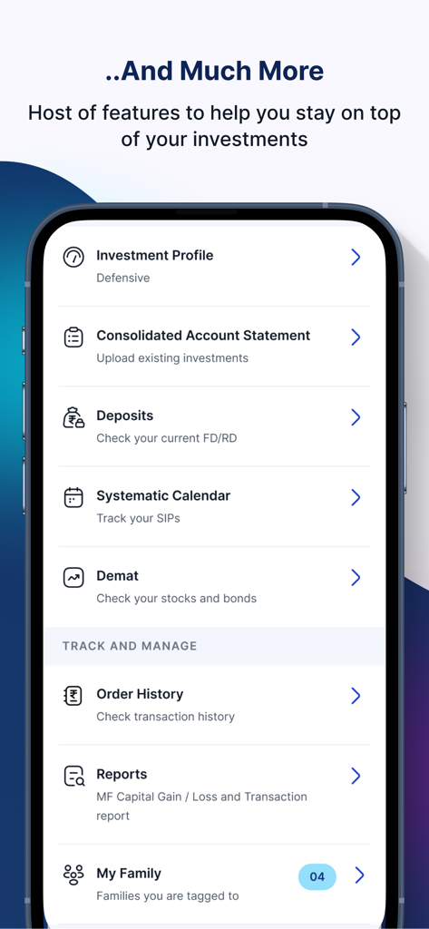 HDFC Bank SmartWealth - Ein mobiler Bildschirm, der die Investmentfunktionen der HDFC Bank SmartWealth App anzeigt, einschließlich konsolidierter Kontoauszüge, Einlagen und systematischer Kalender