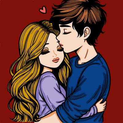a realistic couple boy and girl hugging and kissing