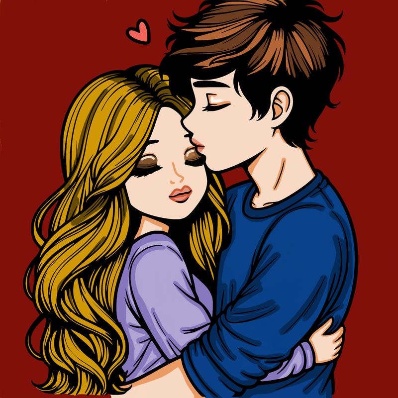 a realistic couple boy and girl hugging and kissing