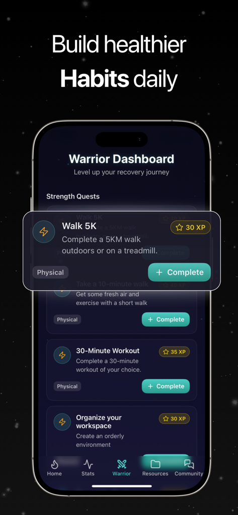 Betless: Quit Gambling - Betless app Warrior Dashboard displaying gamified daily habit quests with XP rewards for gambling recovery