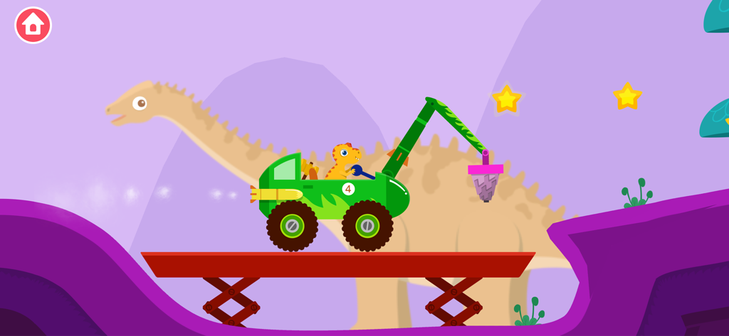 Un petit dinosaure conduisant une excavatrice verte sur un pont rouge