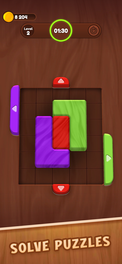 Captura de pantalla del juego del rompecabezas de bloques Color Wood Jam mostrando bloques de madera coloridos en un tablero