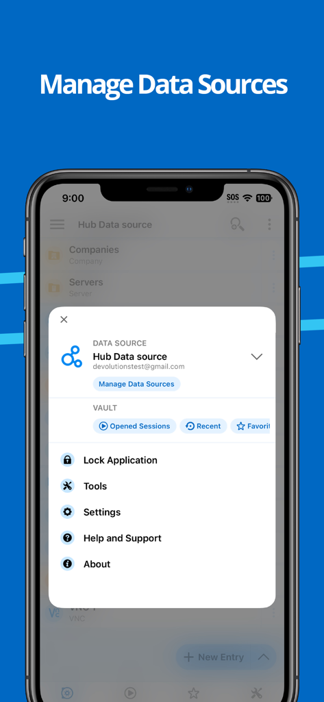 Remote Desktop Manager - iPhone screen showing the Remote Desktop Manager app menu for managing data sources and application settings