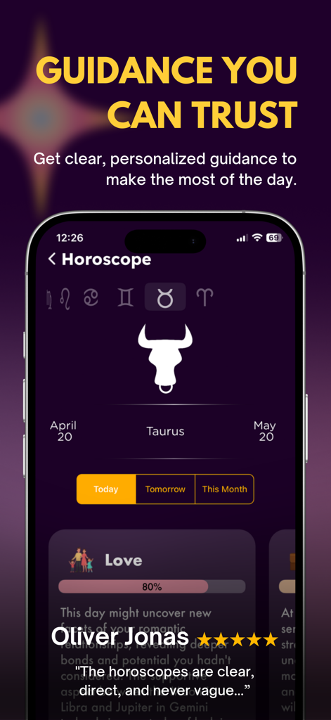 Visualización del horóscopo diario de Tauro con testimonio de usuario en la aplicación Up Astrology