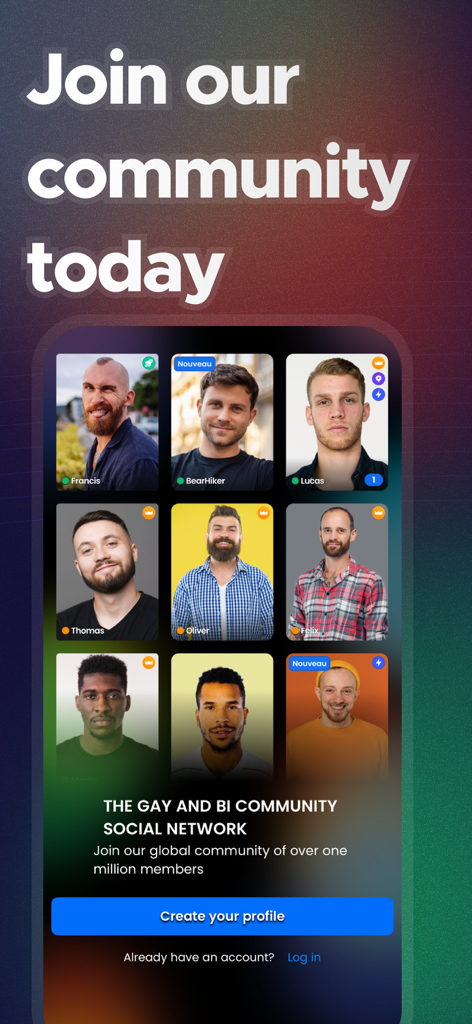 BEARWWW gay and bi community social network showing a grid of male profiles