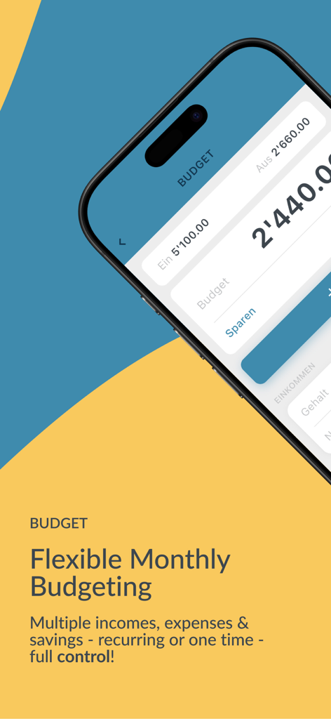 Screenshot of the BUDGT app interface highlighting flexible monthly budgeting for income and expenses.