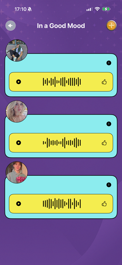 Interfaz de la aplicación Joli mostrando un feed de mensajes de voz anónimos categorizados bajo un estado de ánimo positivo.