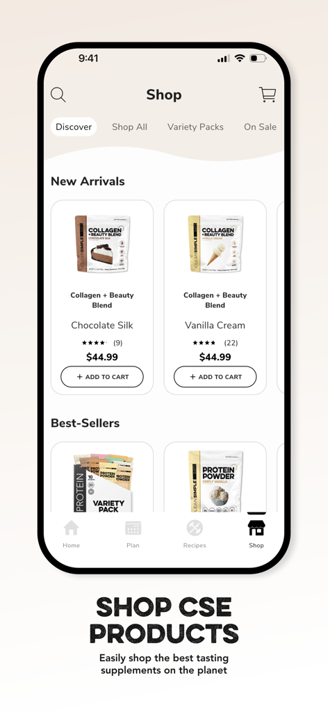 Clean Simple Eats + - Interface da loja no aplicativo para Clean Simple Eats mostrando suplementos de saúde e pós de proteína