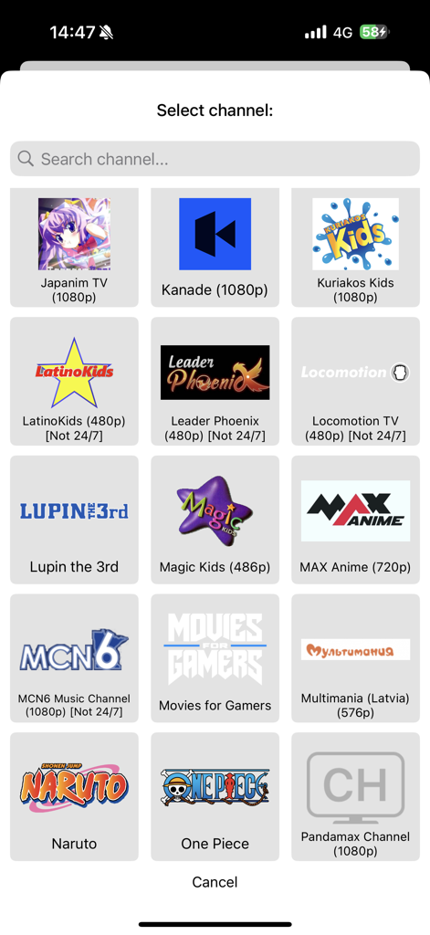 Interfaz de la aplicación Airpin Pro mostrando una cuadrícula de canales de IPTV globales para transmitir