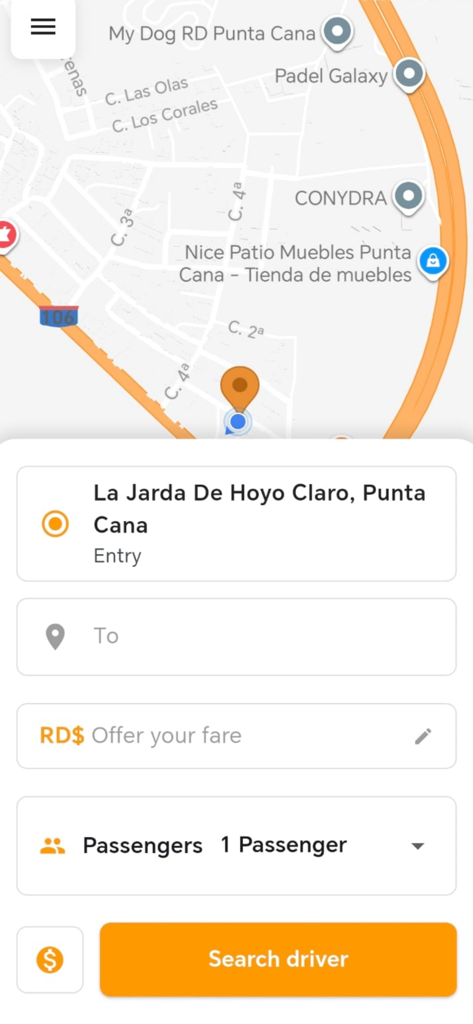 Punta Cana Rides Lux app interface for booking a ride in Punta Cana with map and fare input