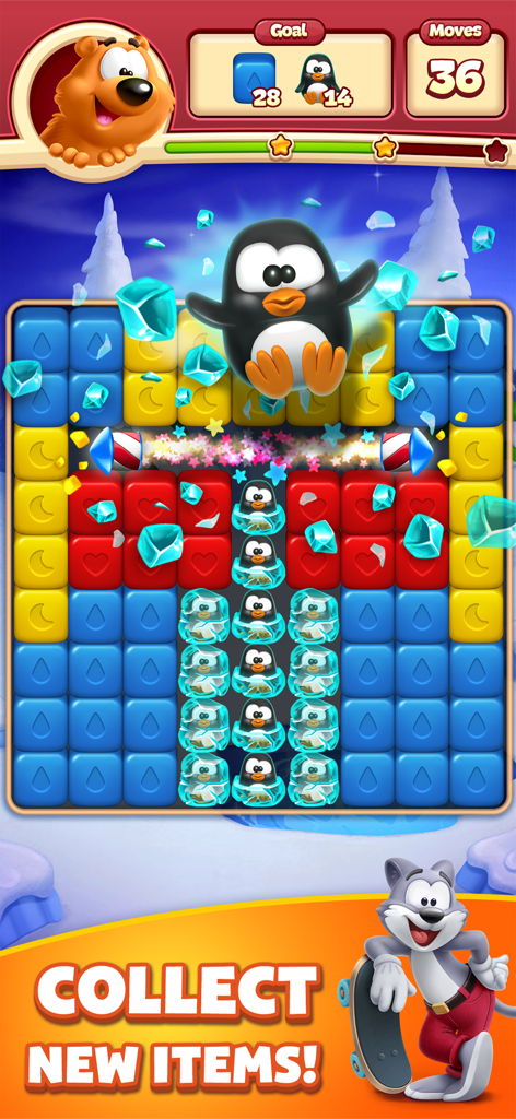 Toon Blast mobile game puzzle board with penguin collection goals