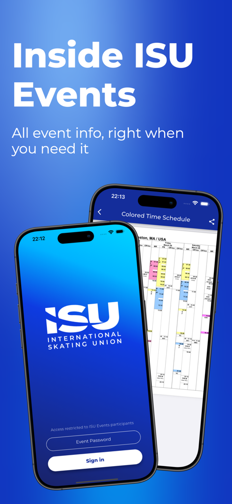 ISU Events - Inside ISU Events app showing login screen and event schedule on two mobile phones.