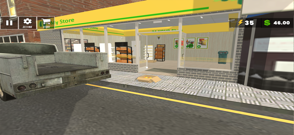 Supermart Manager 3D Simulator - Vista exterior de un supermercado 3D con un camión de reparto y una interfaz de gestión de tienda