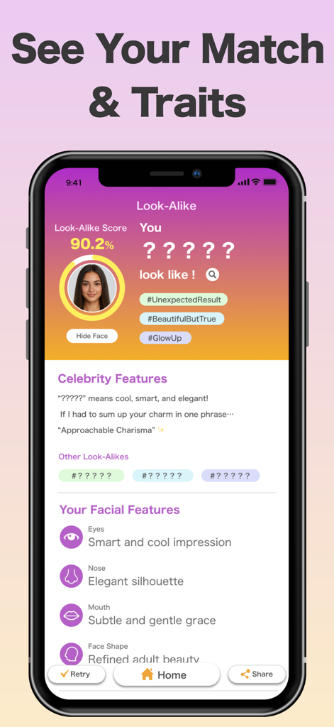 App screen showing a celebrity look-alike match score and detailed facial feature analysis