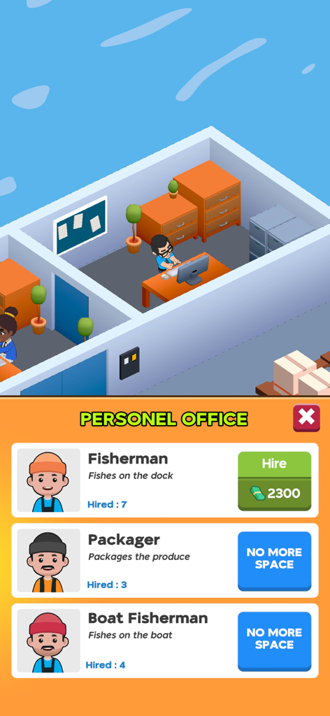 My Fishing Market  Idle Empire - Una captura de pantalla de la pantalla de la Oficina de Personal en Mi Mercado de Pesca Imperio Inactivo que muestra opciones de contratación de personal para pescadores y empaquetadores