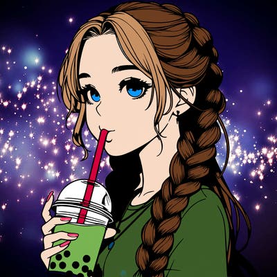realistic girl with braided hair drinking boba