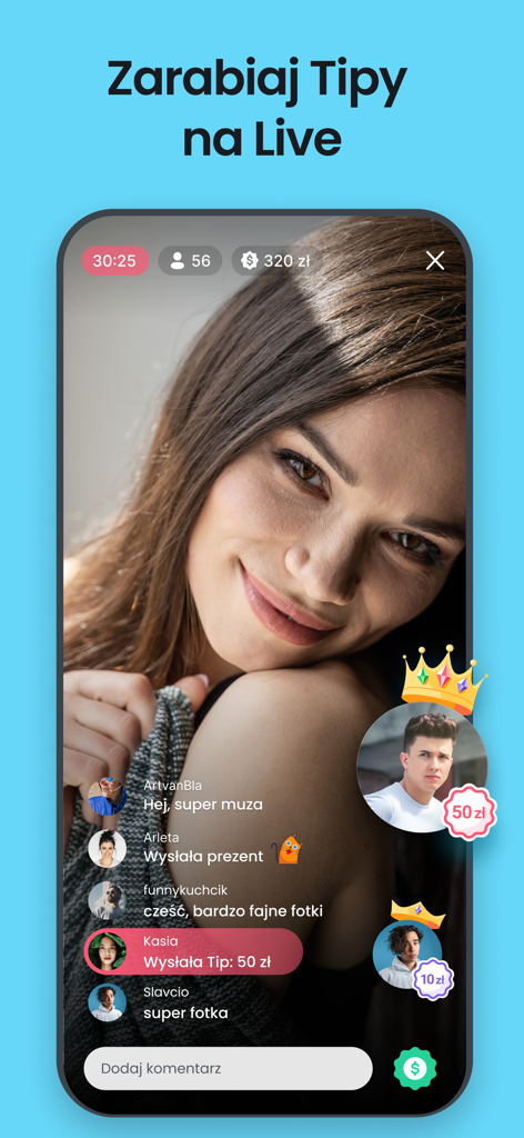 Fotka - dating, chats, streams - A mobile screenshot of a live video stream on the Fotka dating app where a woman is broadcasting and receiving digital tips and chat messages from viewers.