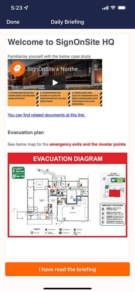 SignOnSite - SignOnSite app daily briefing screen showing a site evacuation plan and emergency floor map for construction workers