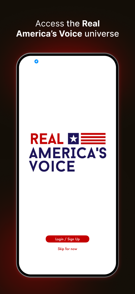 Real Americas Voice Nachrichten-App-Anmeldebildschirm mit dem offiziellen Logo und einer Schaltfläche zur Registrierung