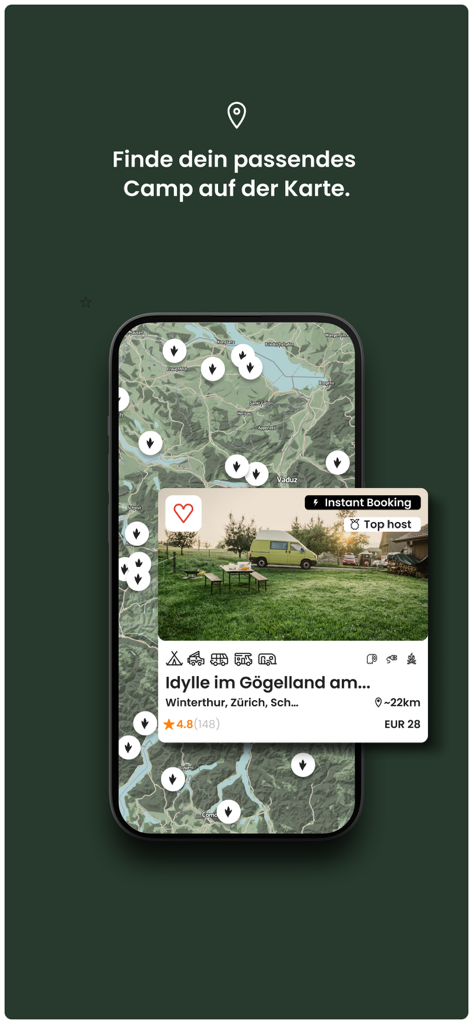 Mobile app map interface displaying numerous private camping spots and a detailed campsite preview.