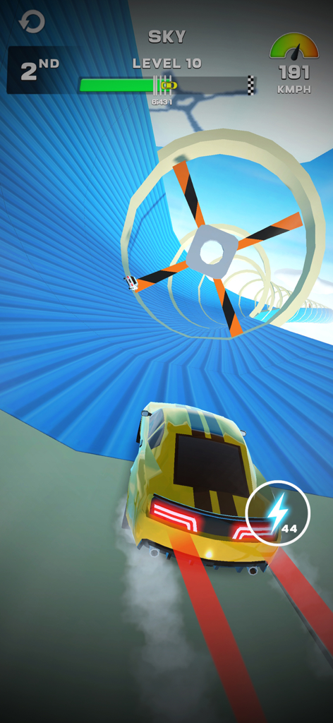 MR RACER : Stunt Mania - A yellow sports car racing through a circular obstacle on a blue stunt track in the sky