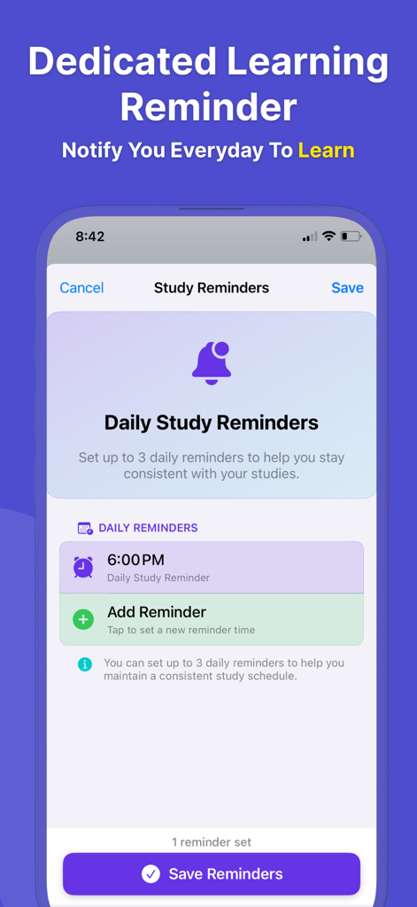 Daily Learning: Learn With AI - Interface for setting daily study reminders in the Daily Learning AI app