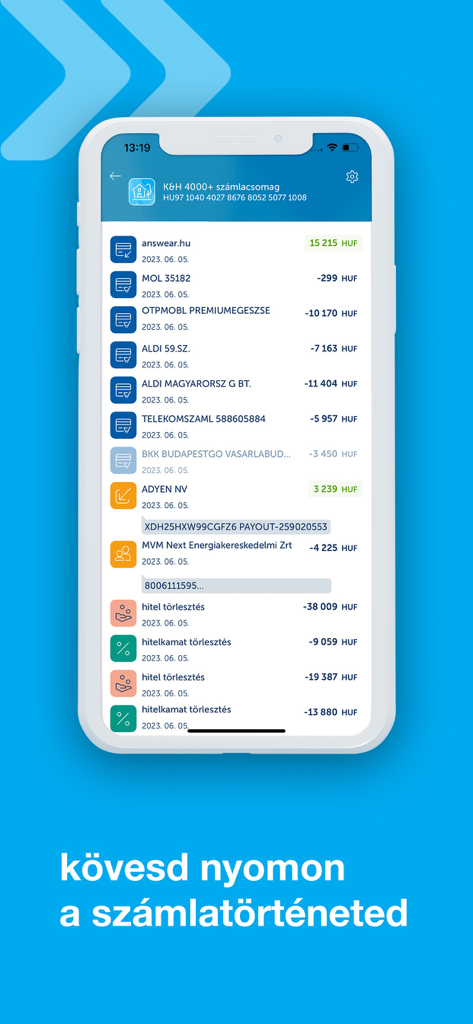 K&H mobilbank - Interface do aplicativo KH mobilbank exibindo o histórico de transações e a atividade da conta