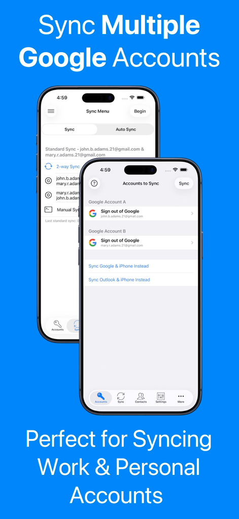A screenshot showing how to sync multiple work and personal Google accounts using the Contacts Sync app on iPhone.