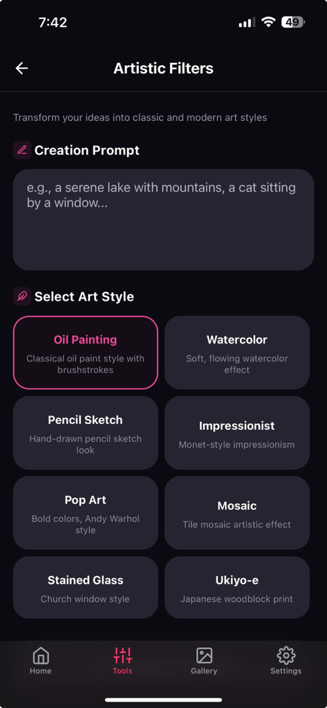 Photo Ai画像ジェネレーターのインターフェース。油絵や水彩画など、さまざまな芸術的スタイルが表示されています。