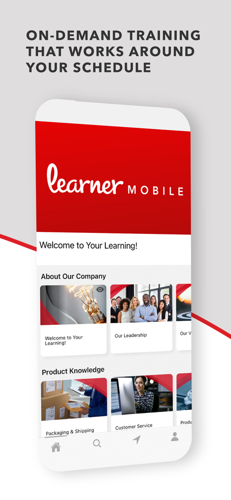Learner Mobile app screen showing on demand training modules for employee development