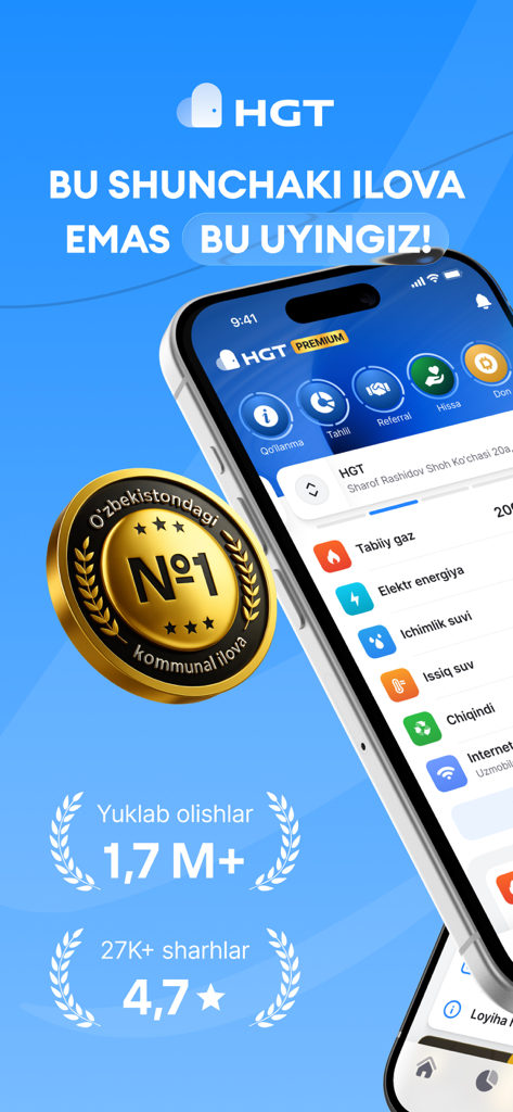 Pantalla promocional de HGT, la aplicación número uno de pago de facturas de servicios públicos en Uzbekistán, que muestra varias categorías de servicios.