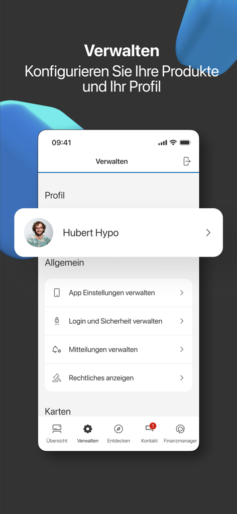 HYPO Mein ELBA-App - Bildschirm für Benutzerprofil und Sicherheitseinstellungen in der HYPO Mein ELBA Mobile Banking Anwendung.