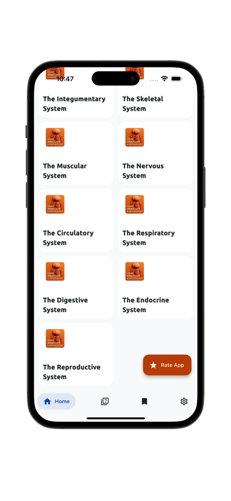 Learn Anatomy and Physiology - 解剖学と生理学を学ぶアプリのホーム画面。骨格、筋肉、神経系のカテゴリを表示。