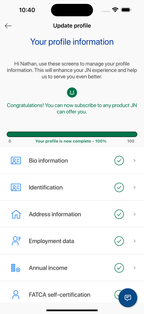 OneJN - OneJN app screen showing a 100 percent complete user profile with verified identification and employment data
